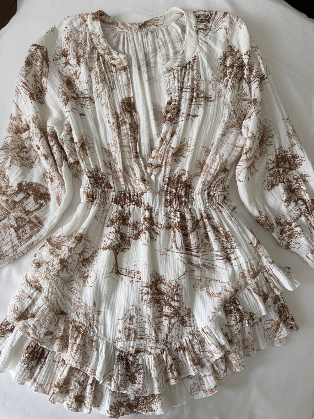 Cotton Gauze Ruffled Mini Dress with Brown Toile Print M